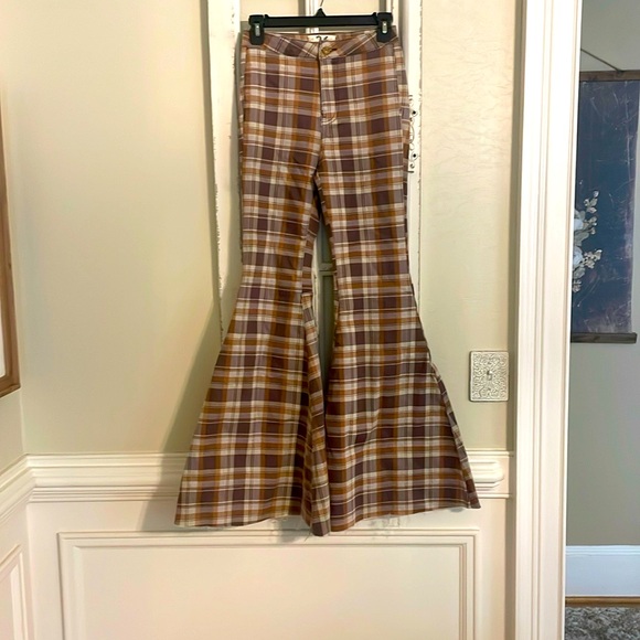Free People Plaid Flare Pants - Brown and Cream - Picture 4 of 5
